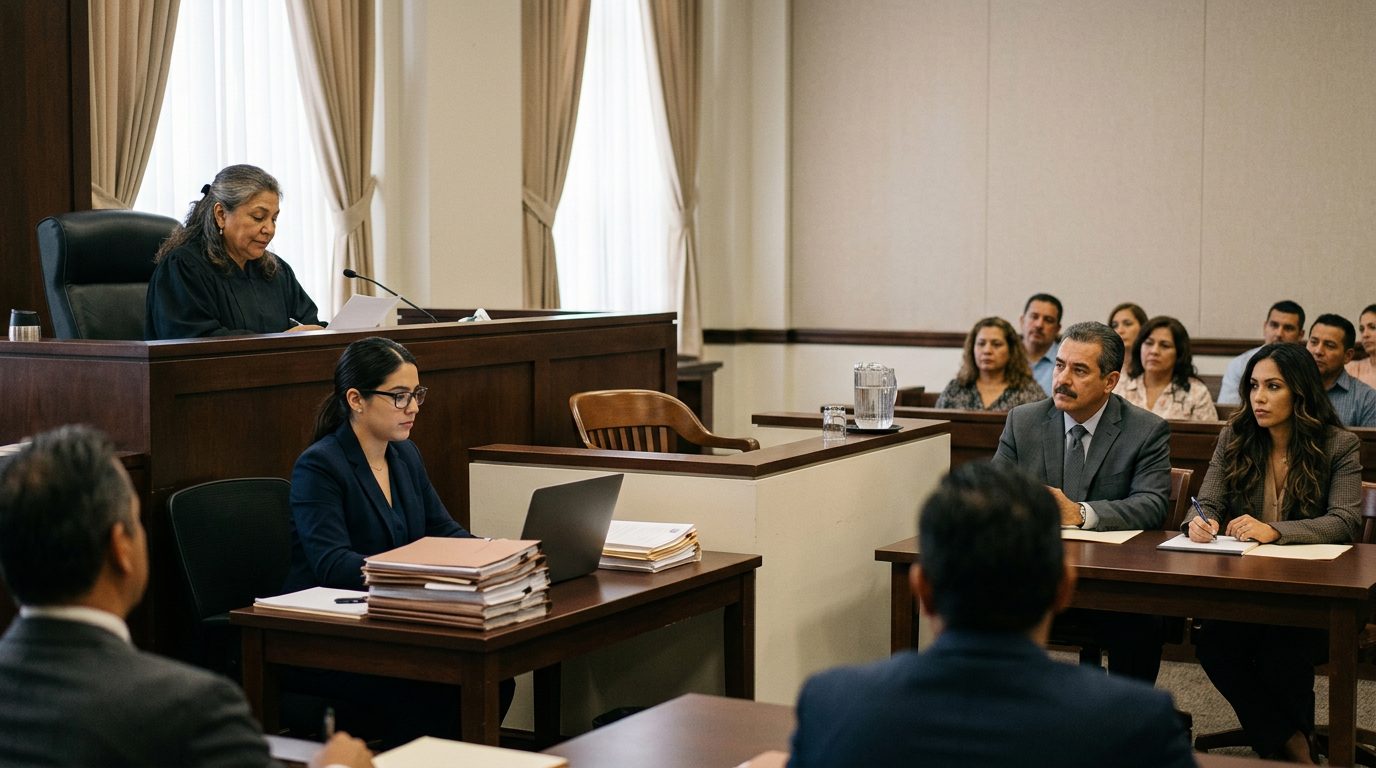 Sala de tribunal con juez, estrado vacío y expedientes durante audiencia de tutela.