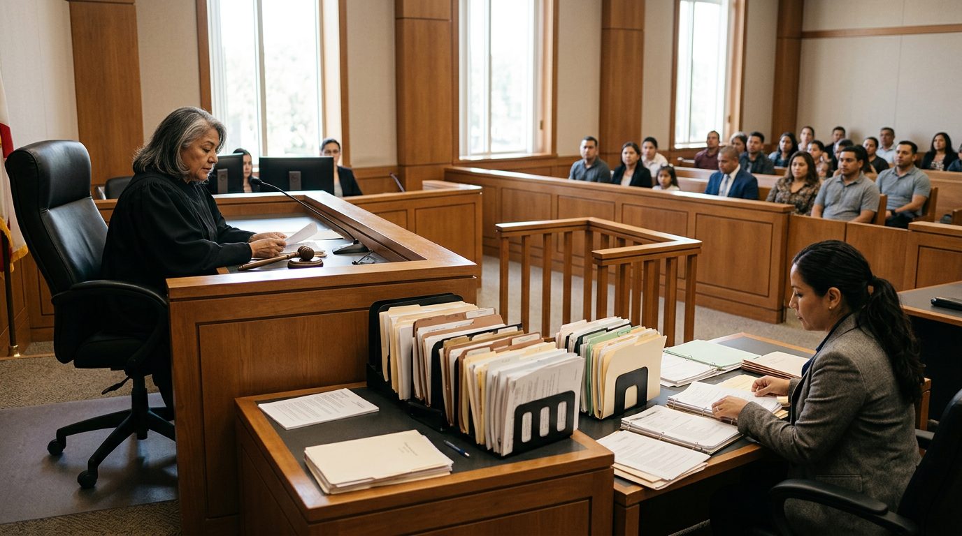 Sala de tribunal vacía con escritorio del juez, estrado de testigos y expedientes de casos.