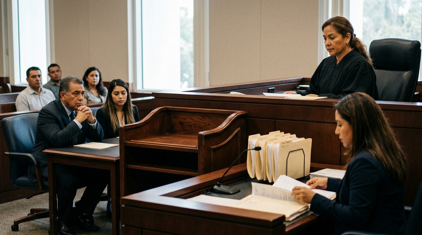 Sala de tribunal vacía con estrado del juez, banquillo de testigos y expedientes sobre el escritorio del secretario.
