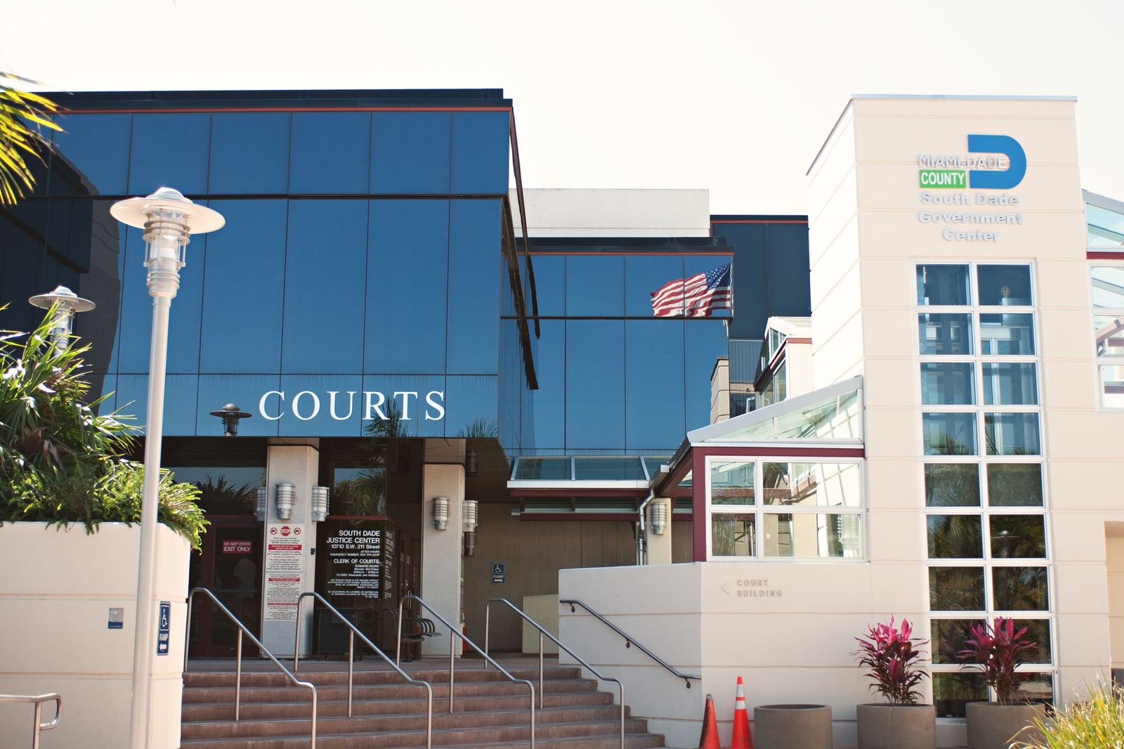 South Dade Justice Center and Government Building facade with modern architecture in Miami, Florida.