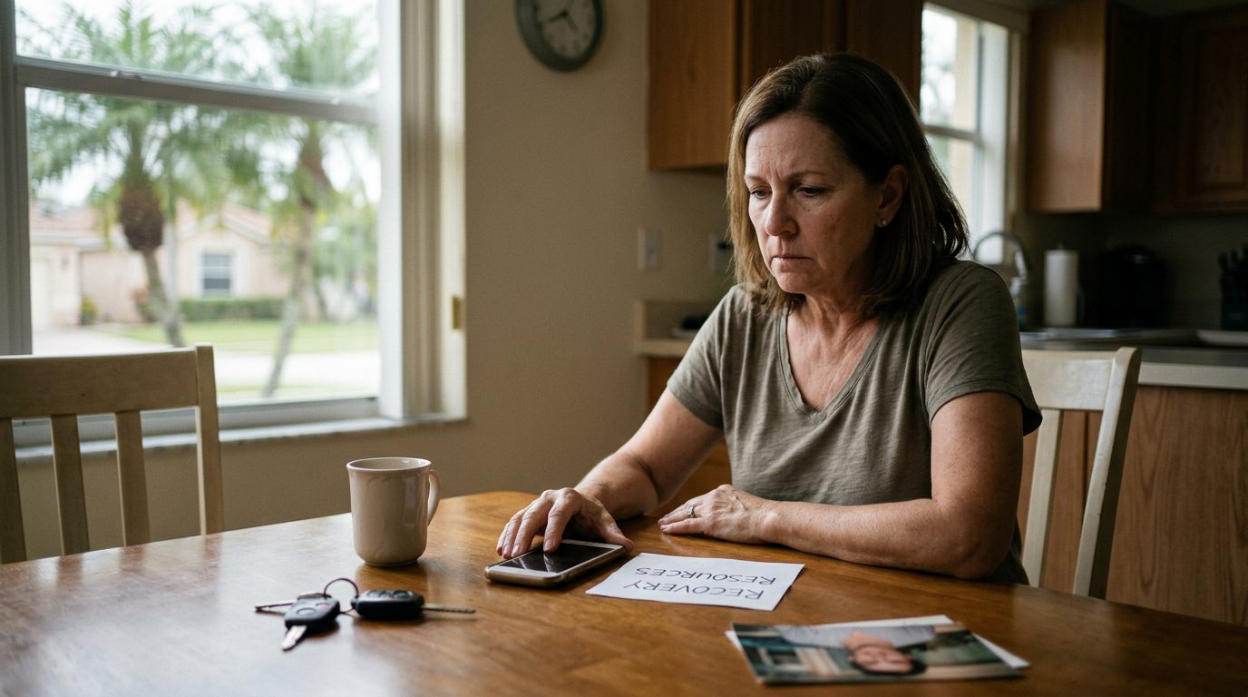 Sunlit kitchen table in a Florida home with a closed notebook, a pen, and a coffee mug beside a window.