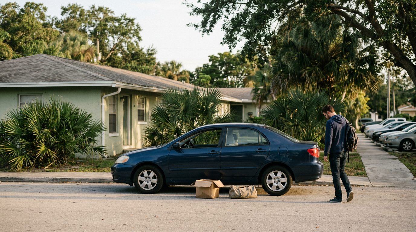 Wide view of a quiet Florida street lined with palm trees and low houses under a clear sky.