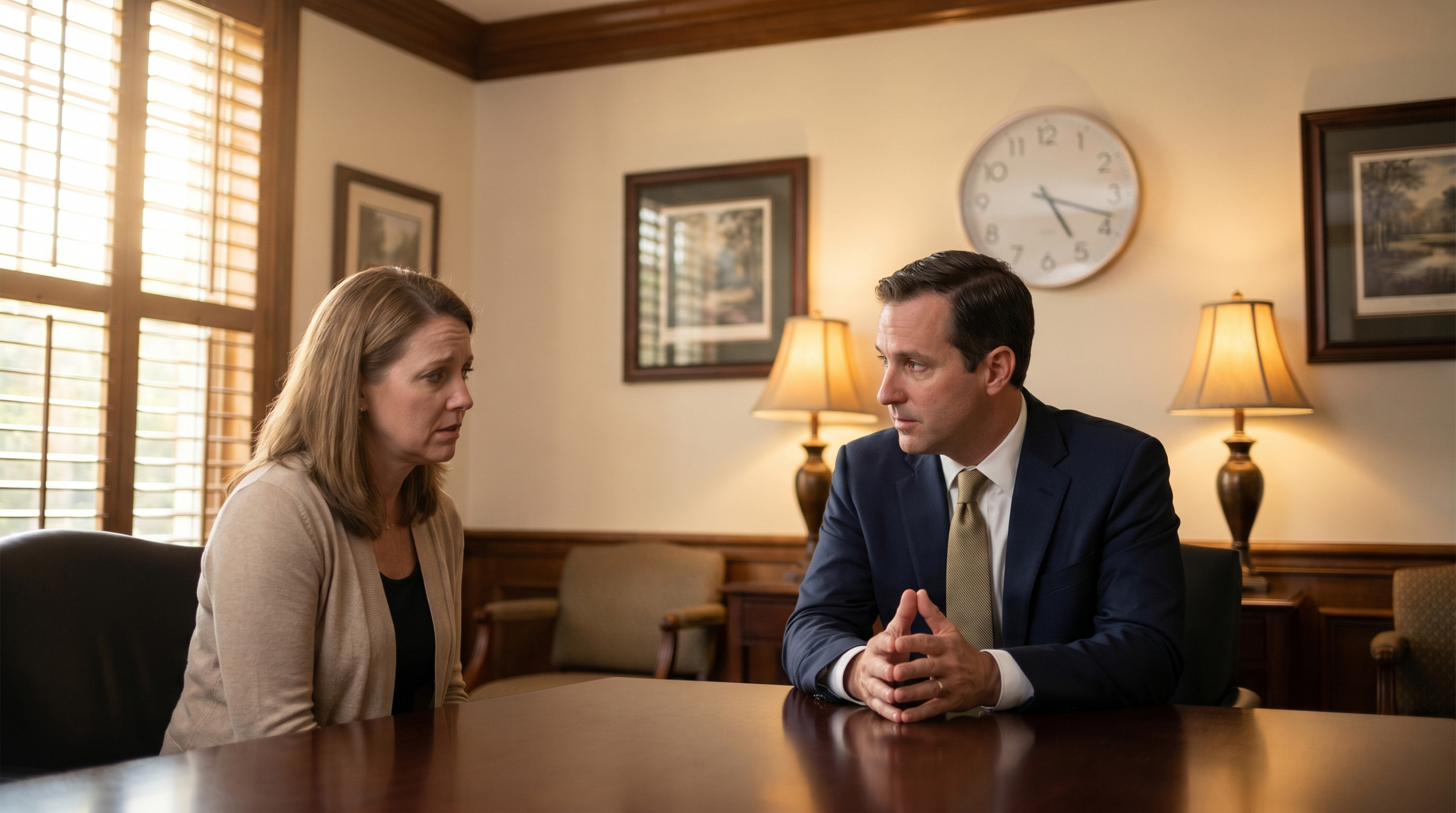 Florida attorney in a navy suit consulting compassionately with a worried family member across a conference table