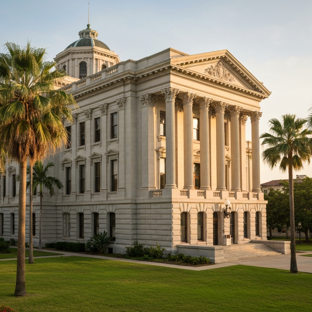 Dignified Florida courthouse exterior with classic columns and palm trees in soft afternoon light