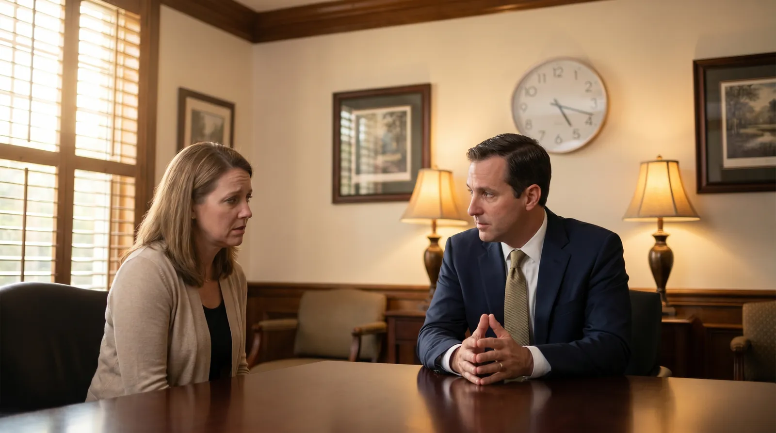 Florida attorney in a navy suit consulting compassionately with a worried family member across a conference table