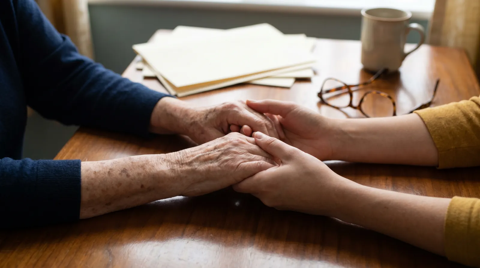 Older parent's hands held gently between an adult child's hands across a wooden table with reading glasses nearby