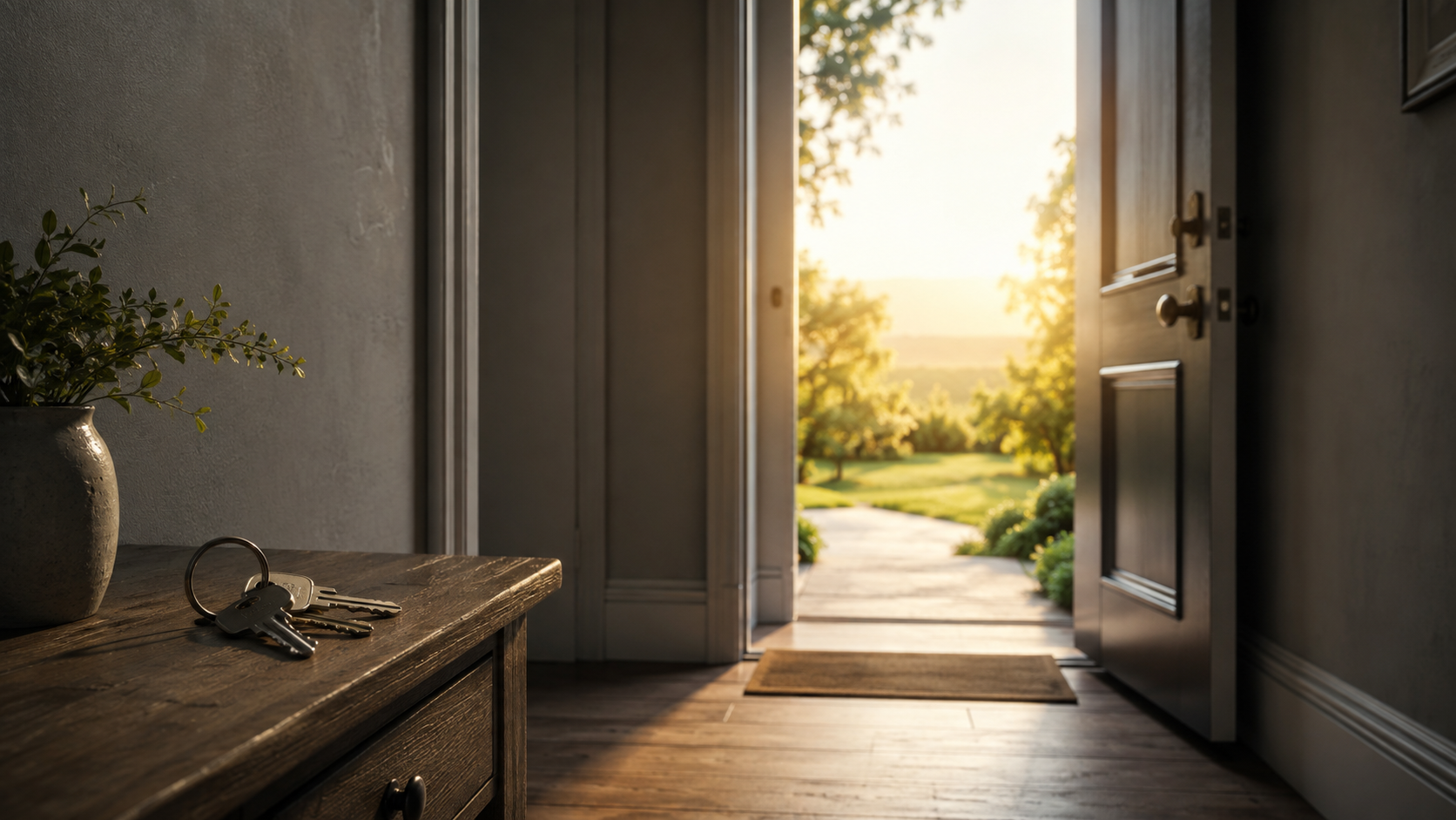 Open door leading from a dim hallway into bright warm daylight with a set of keys on a table just inside