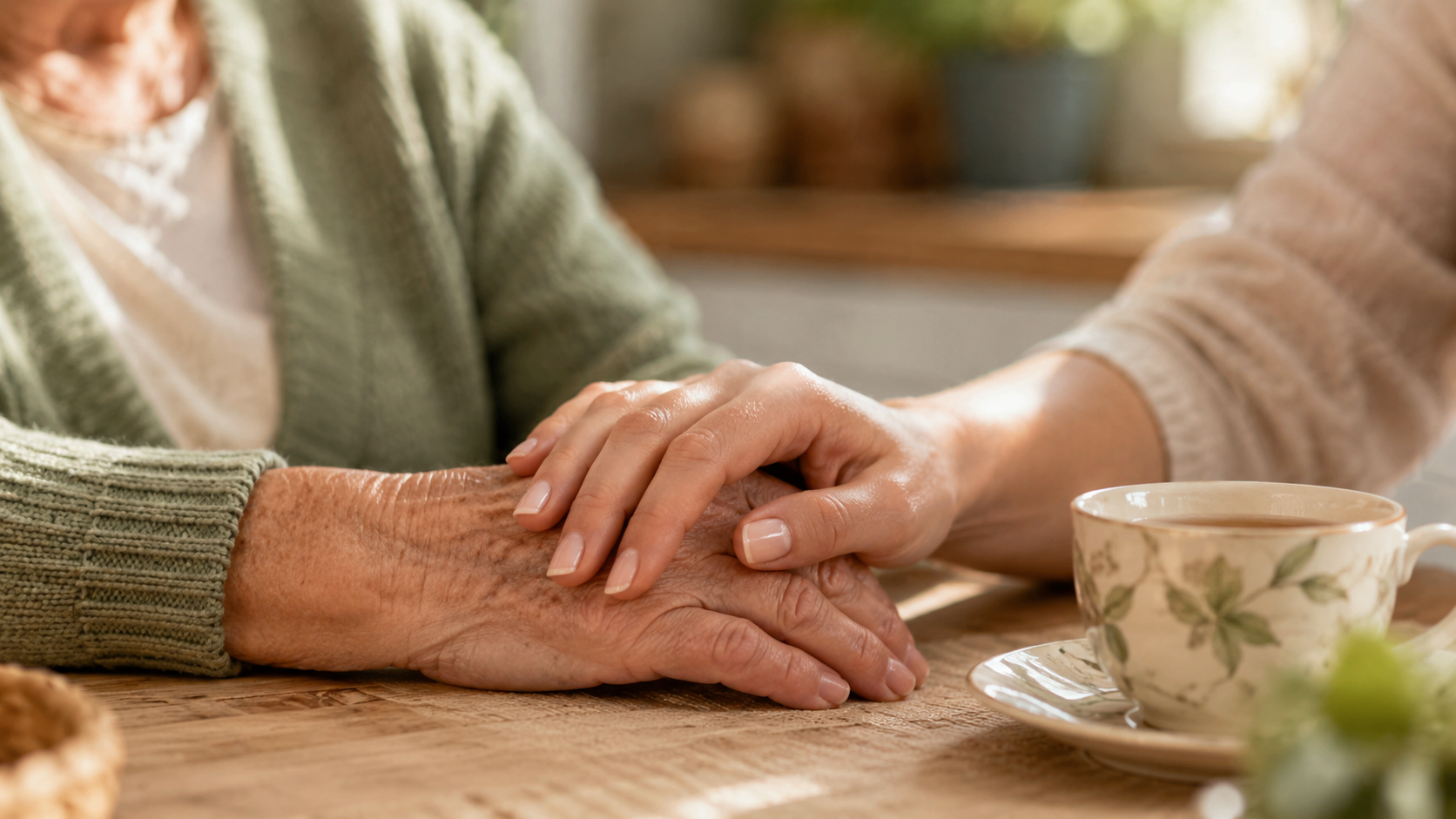 Adult daughter's hand resting gently over her elderly mother's hand on a kitchen table in soft afternoon light