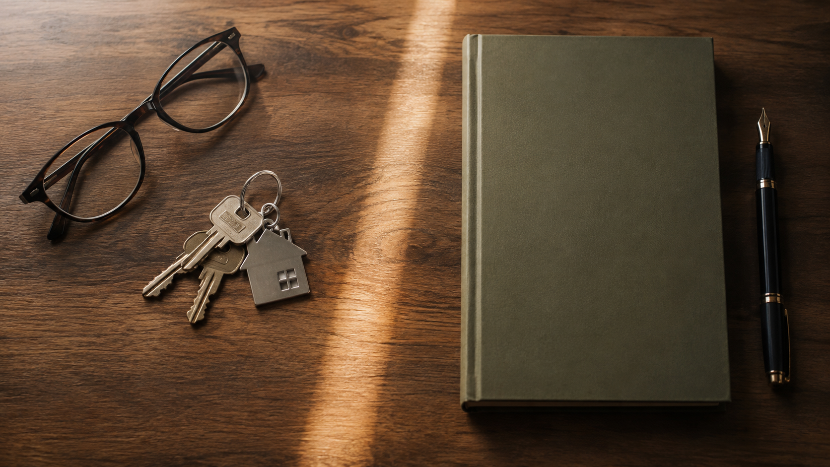 Overhead view of house keys and reading glasses on one side of a wooden desk and a plain closed ledger and pen on the other
