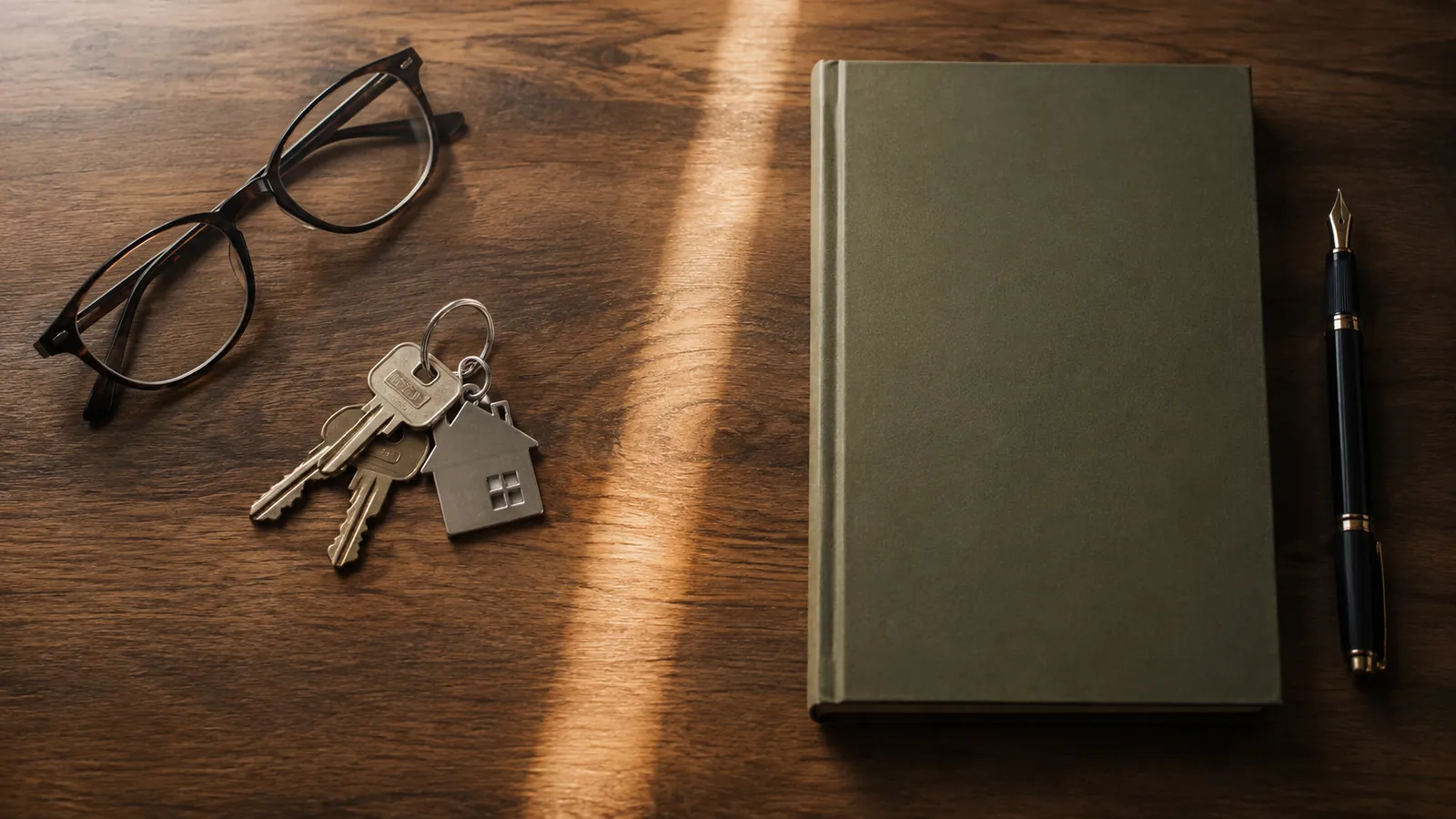 Overhead view of house keys and reading glasses on one side of a wooden desk and a plain closed ledger and pen on the other