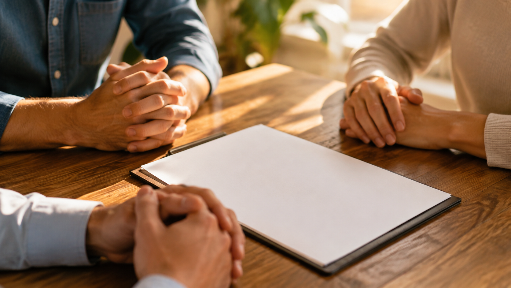 Three pairs of adult hands resting on a wooden table around a blank document during a planning conversation