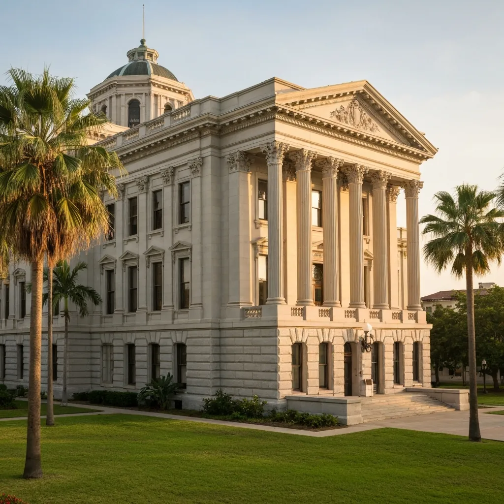 Dignified Florida courthouse exterior with classic columns and palm trees in soft afternoon light