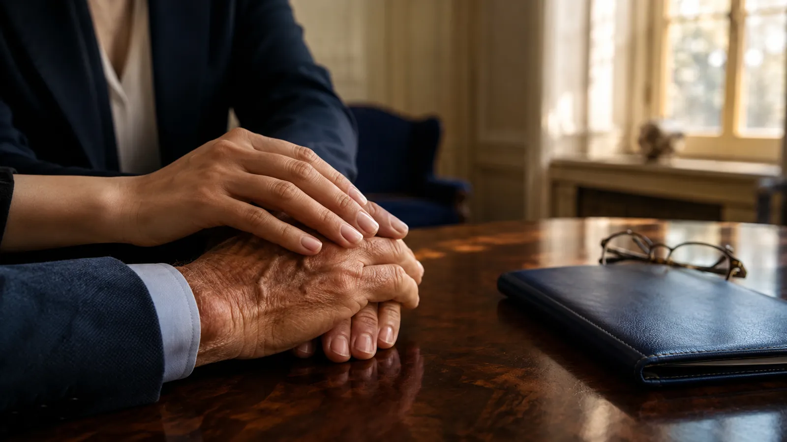A younger adult's hand resting protectively over an elderly person's clasped hands on a polished wooden table