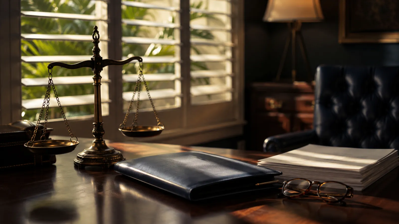 Brass balance scale, navy leather portfolio, reading glasses, and papers on a dark wood desk in a sunlit law office