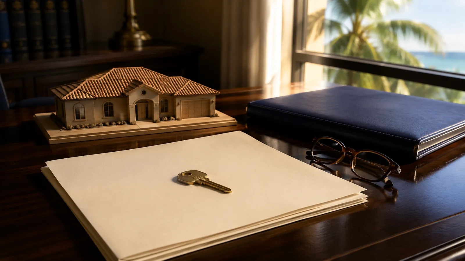 Brass house key on blank cream papers beside a model Florida home, navy folder and reading glasses on a wood desk