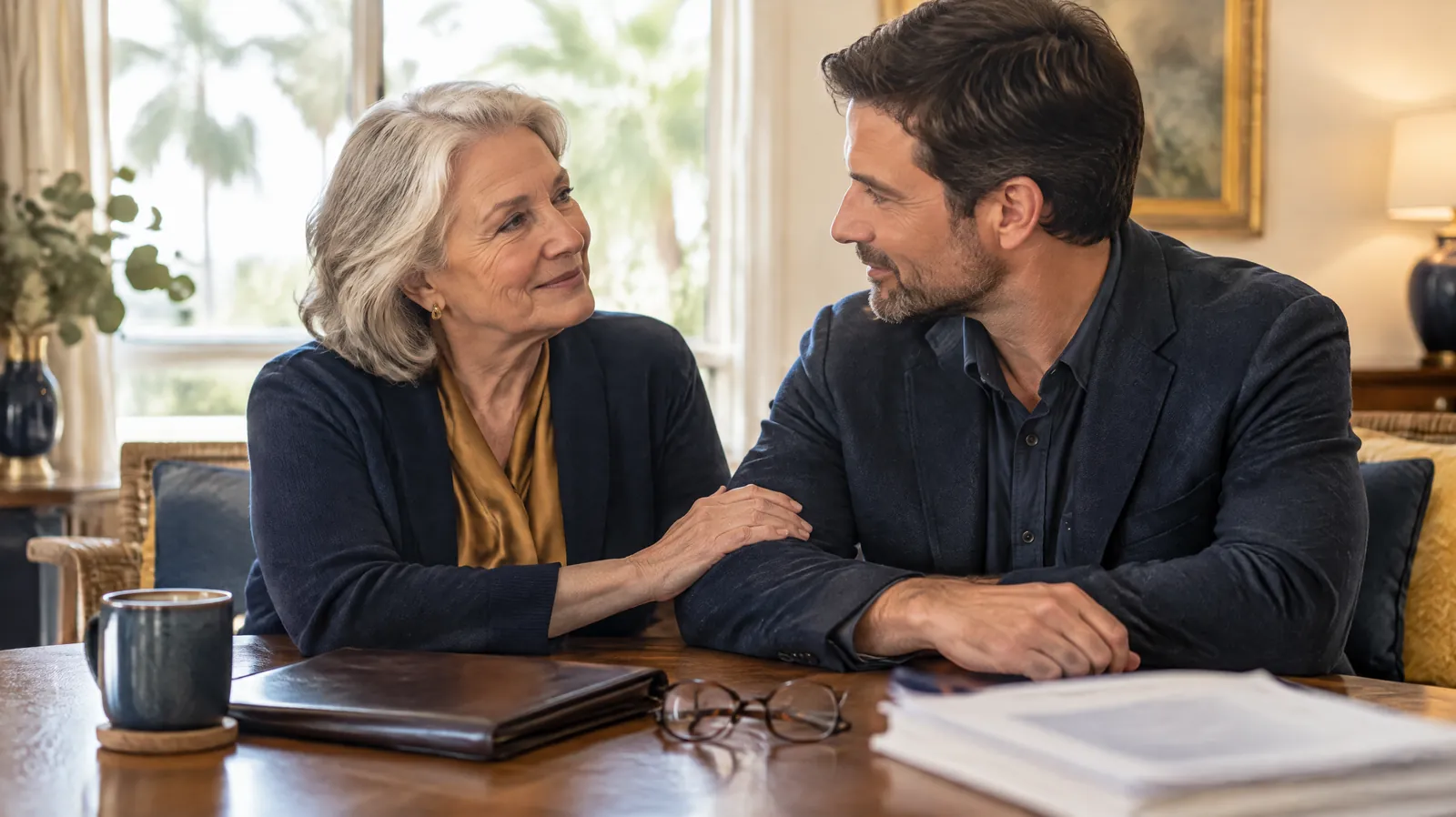 An older woman rests her hand on her adult son's arm at a sunlit table with a leather folder and reading glasses