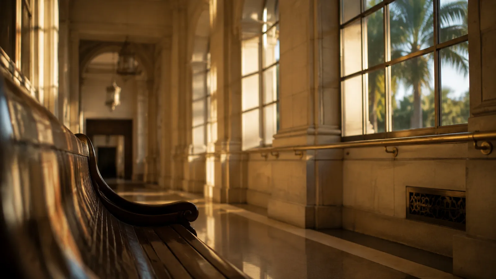 Sunlit courthouse corridor with a polished wooden bench, tall arched windows, and palm trees visible outside