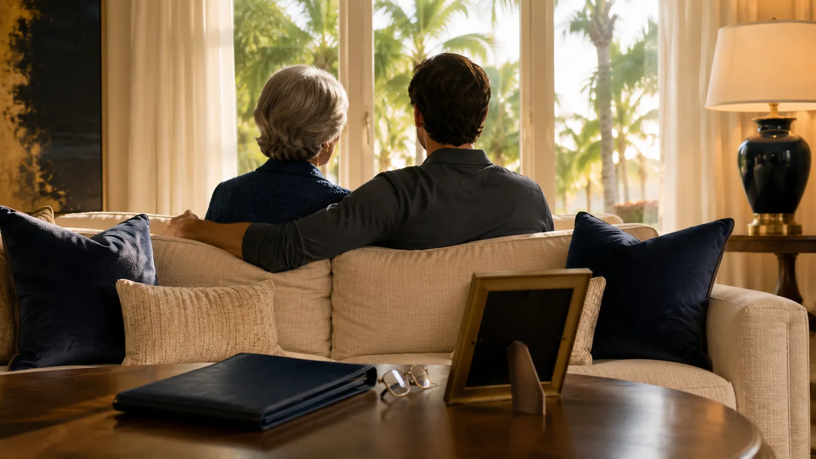 An older woman and a young adult man sit together on a cream sofa, seen from behind, looking out at palm trees