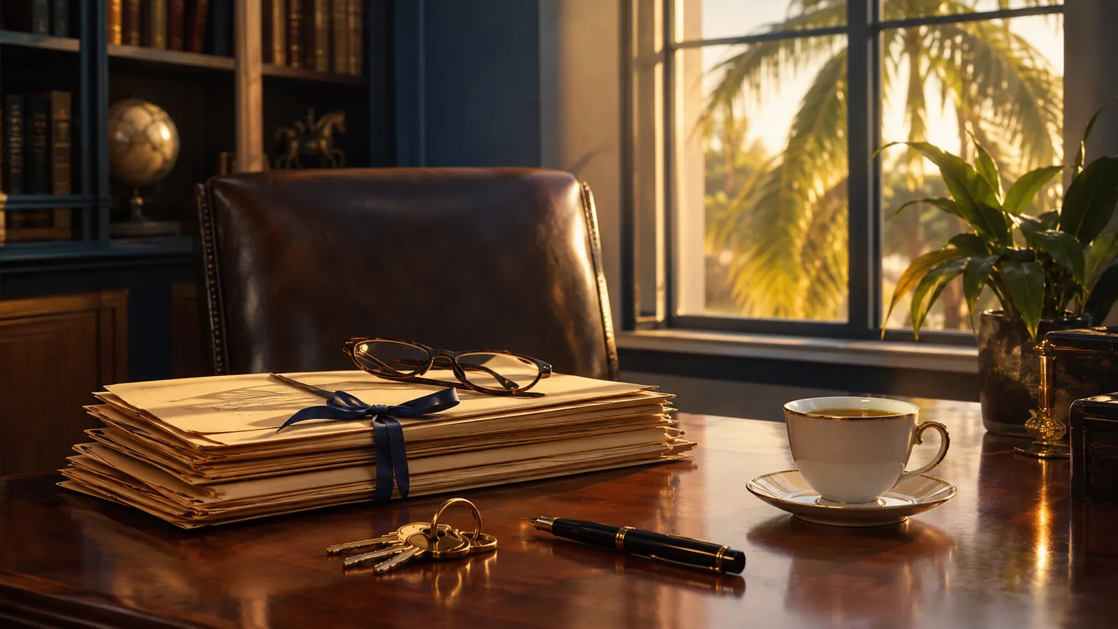Stack of blank folders tied with a navy ribbon beside reading glasses, house keys, and a teacup on a sunlit desk